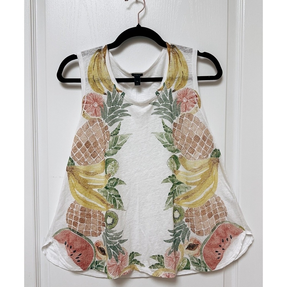 J Crew Womens Top Size M Linen Fruit Tank White Banana Pineapple Tropical